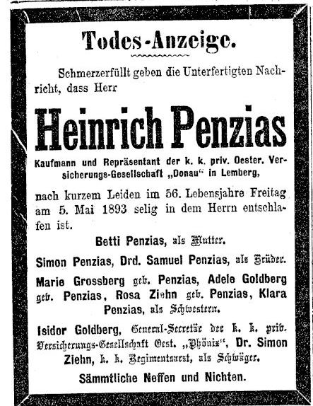 Heinrich Penzias death announcement, 1893