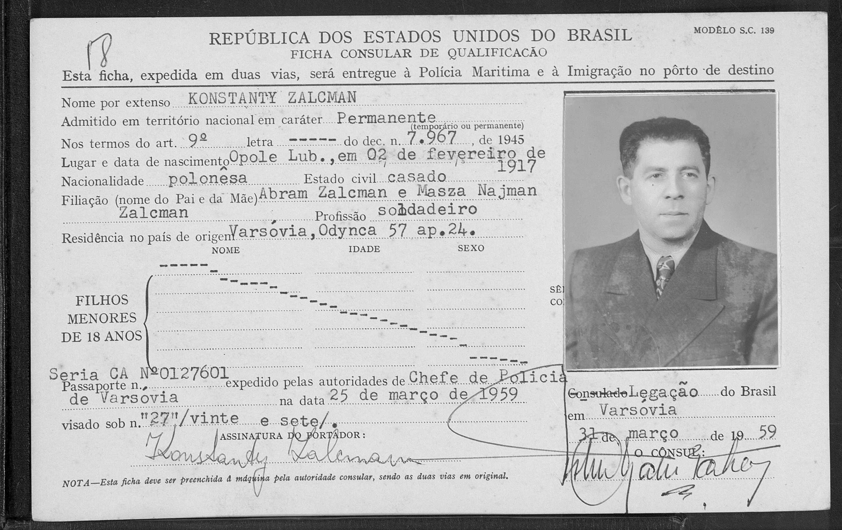 Konstanty Zalcman Brazil immigration card, 1959