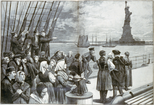 Immigrants admiring the Statue of Liberty
